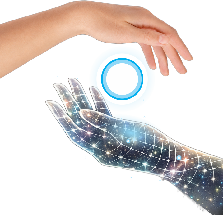 A human hand and a cosmic, star-filled robotic hand cradling a glowing blue orb