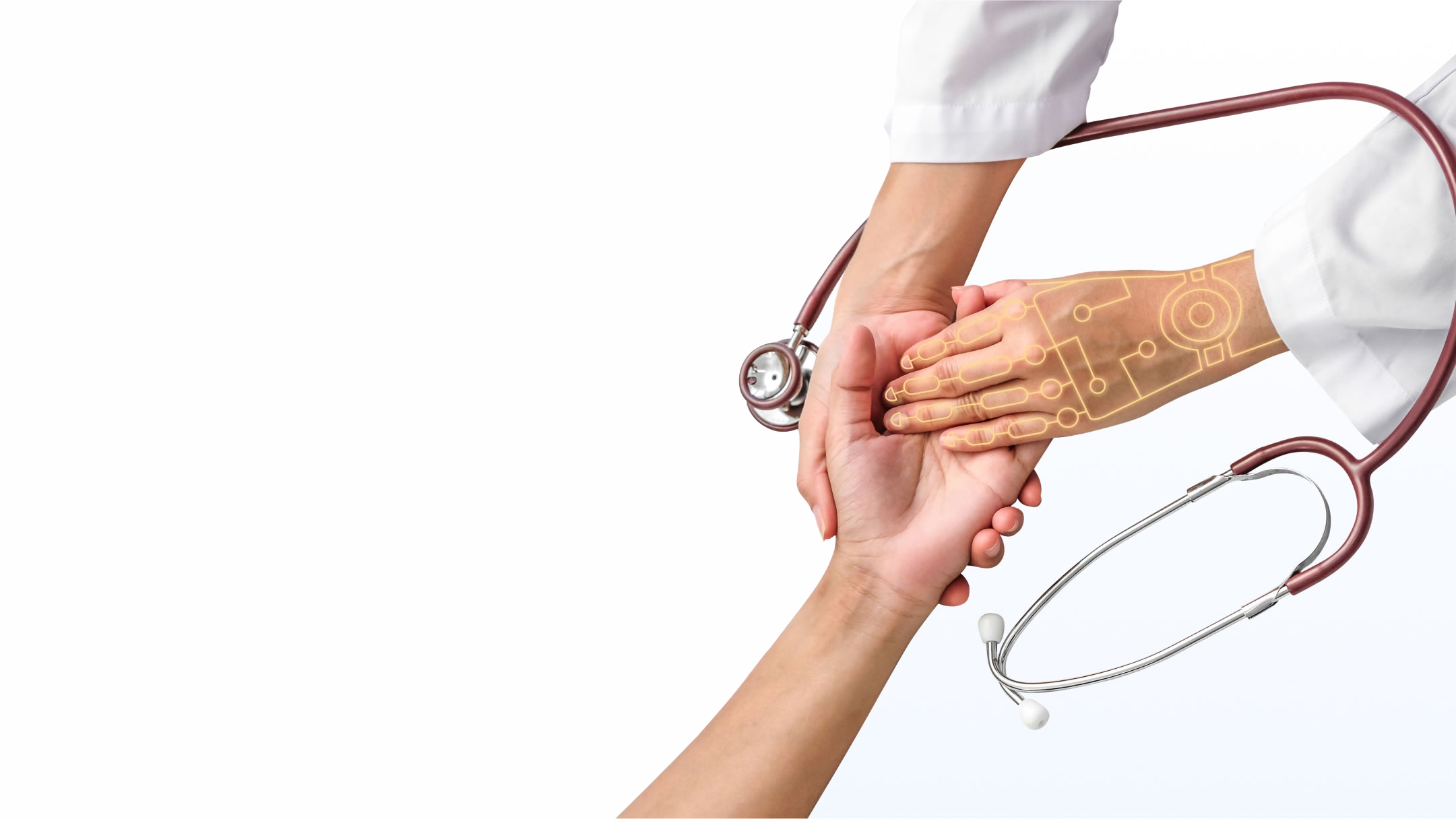 Clinician hand over a patient's hand with a gold digital circuit overlay